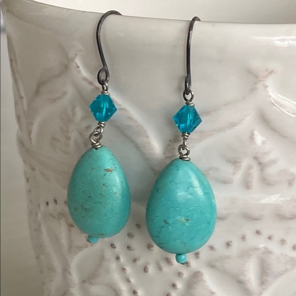 Turquoise Teardrop Swarovski Accent Drop Earrings Ocean Crystal Accents Bohemian - Picture 5 of 6
